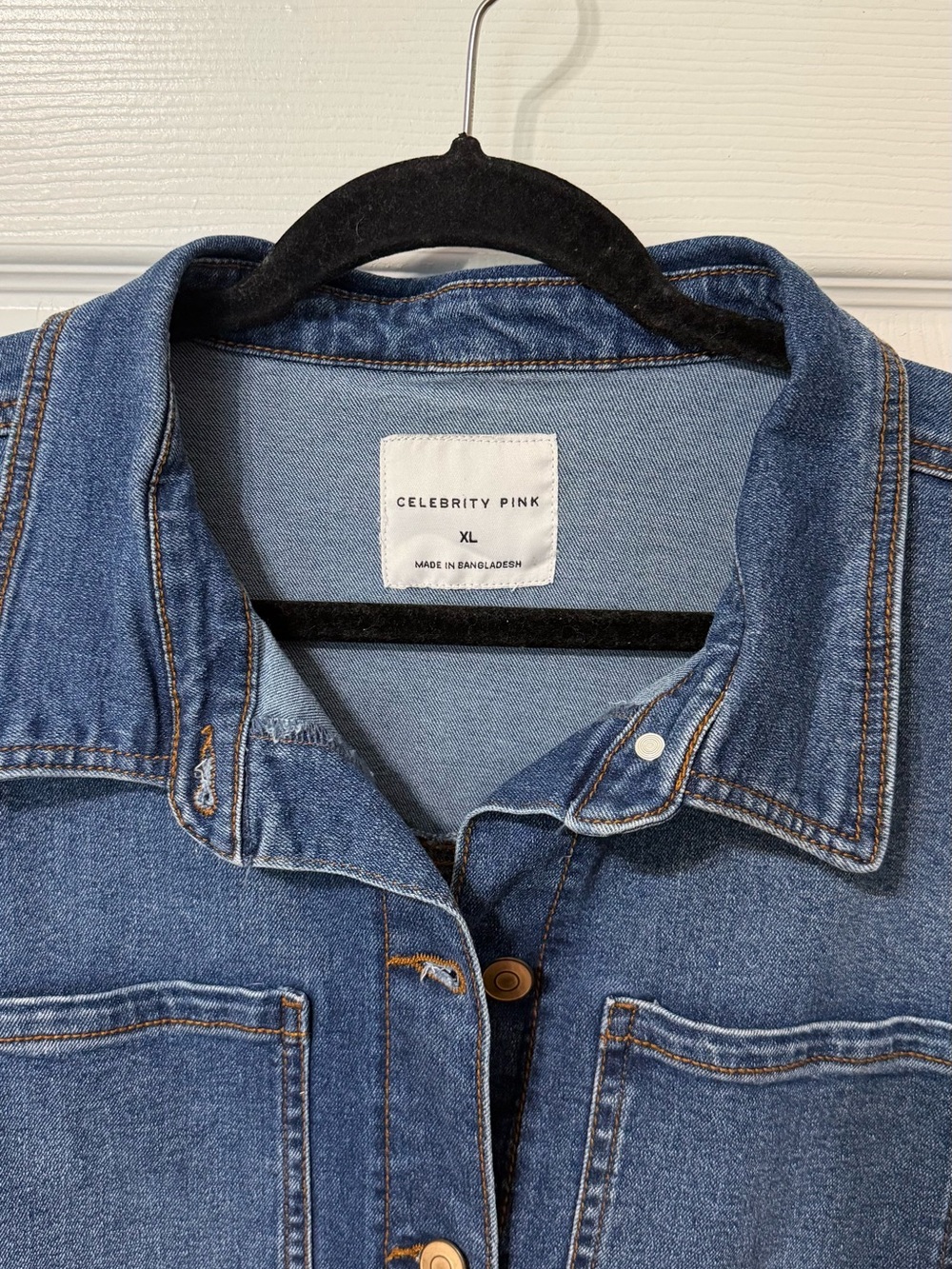 Celebrity Pink Blue Denim Button-Front Jumpsuit - Picture 3 of 5